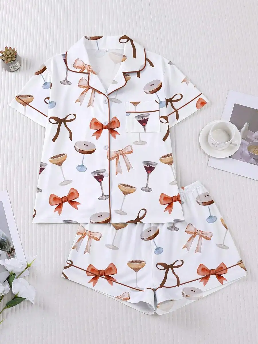 Womens Bow Print Pajama Set Short Sleeve Shirt With Collar Button Elastic Shorts Soft Fabric Casual Loungewear