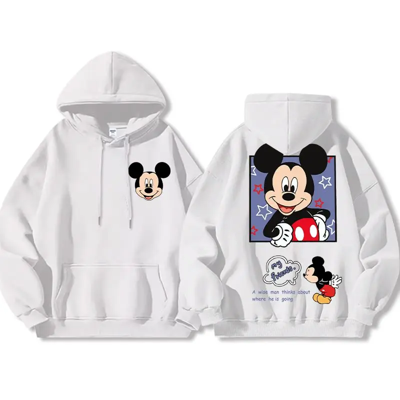 Sudadera con capucha blanca de Mickey Mouse para hombre y mujer, jersey de algodón de primavera 2025, diseño de marco cuadrado colorido, estrellas, texto de mis amigos, hombre sabio