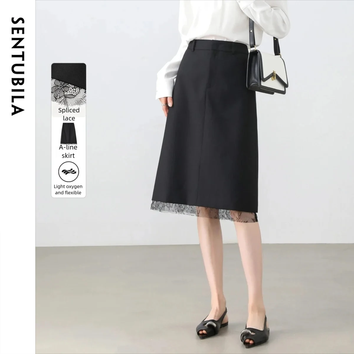 

SENTUBILA женская черная кружевная юбка со сращиванием, осень 2022, новая скромная легкая юбка-миди трапециевидной формы, закрывающая бедра 151Q58352