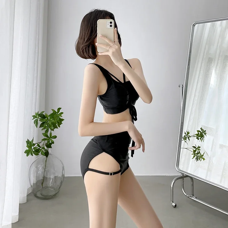 Korean Style High Waist Bikini Set Women Lace Up Biquini Suit Two Pieces Pleated Swimwear Black Swimsuit Bandage Beach Suit 2024