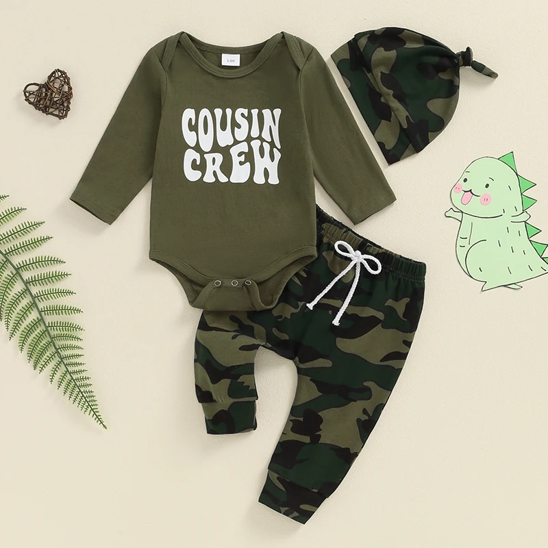 

Baby Boys Pants Set Long Sleeve Crew Neck Letters Print Romper with Camouflage Sweatpants Hat Infant Outfit Boys 3pcs Set