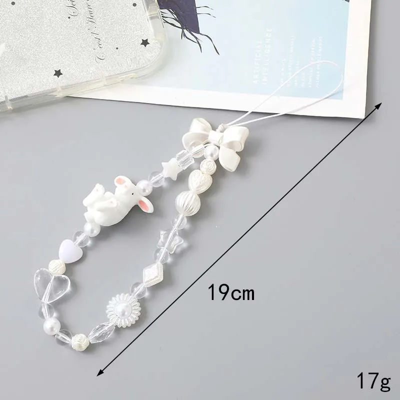 Sweet Pink Butterfly Tulip Wrist Strap Phone Case Rope Simple Pearl Rabbit Bow Beaded Phone Chain Lanyard Jewelry Accessories