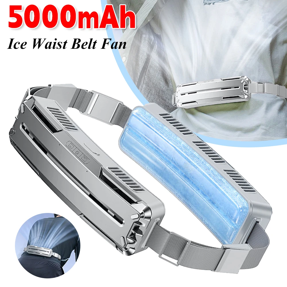 Ventilador portátil con cinturón de hielo, miniventilador de refrigeración por aire, 5000mAh, USB, ventilador de cintura colgante, circulación de aire montada en la cintura para deportes al aire libre