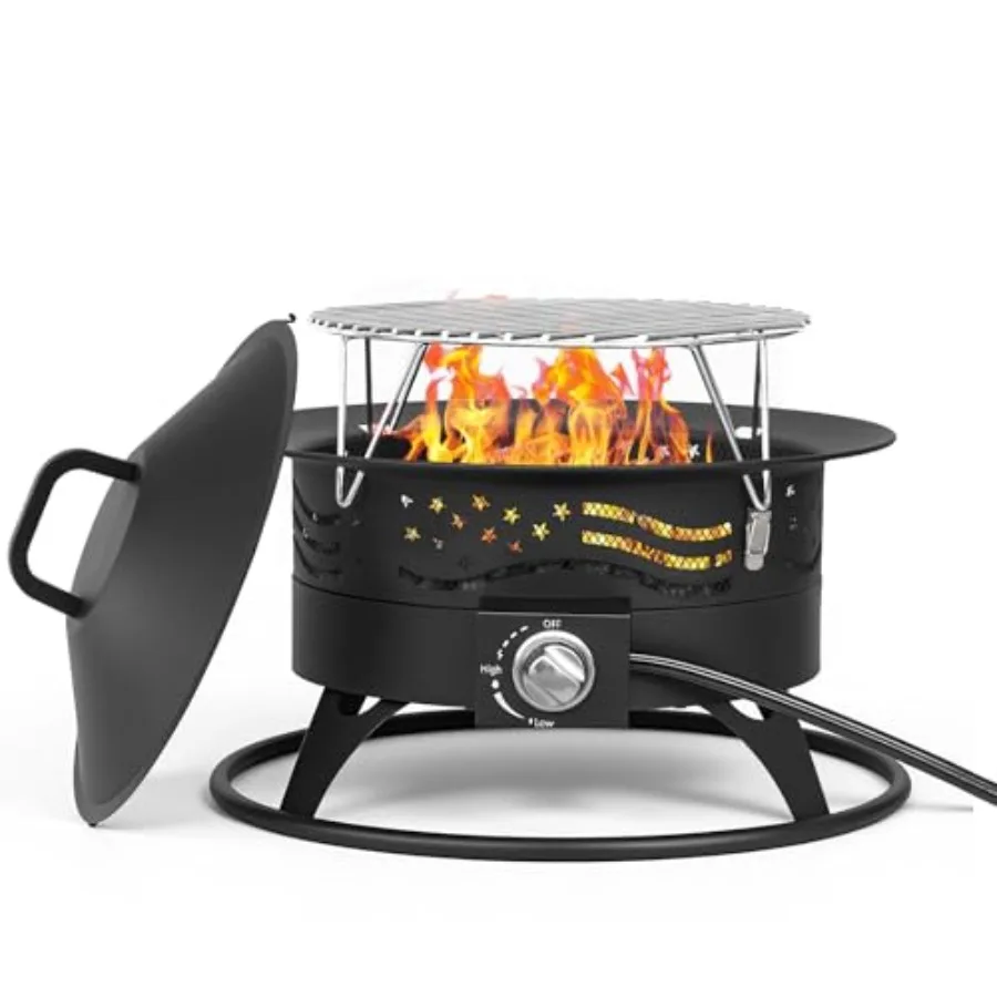 Portable propane fire pit for outdoor use, stainless steel black smokeless design with integrated grill functionality