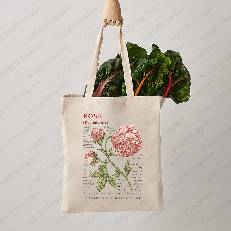 Rose Floral Tote Bag Cute Botanical Print Canvas Totes Flowers Reusable Shoulder Bags Back To School Gift Canvas Shopping Bags