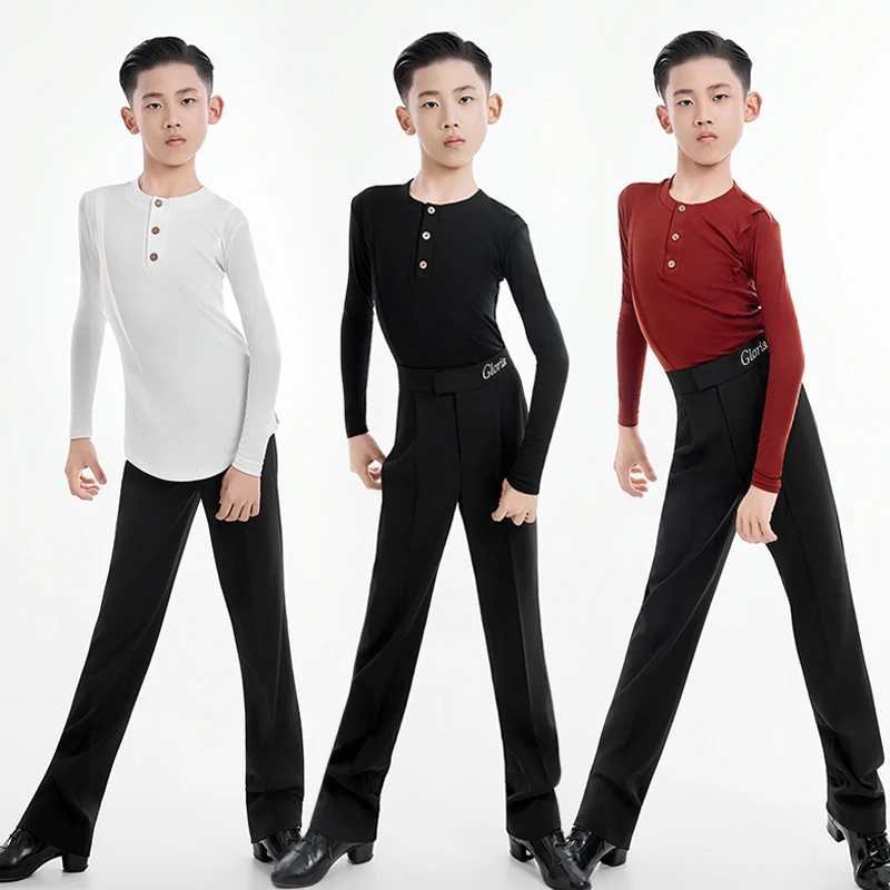 

2025 New Boys Latin Dance Costume White Long Sleeve Top Black Training Pants Children Cha Cha Rumba Dancewear Latin Outfit 4559