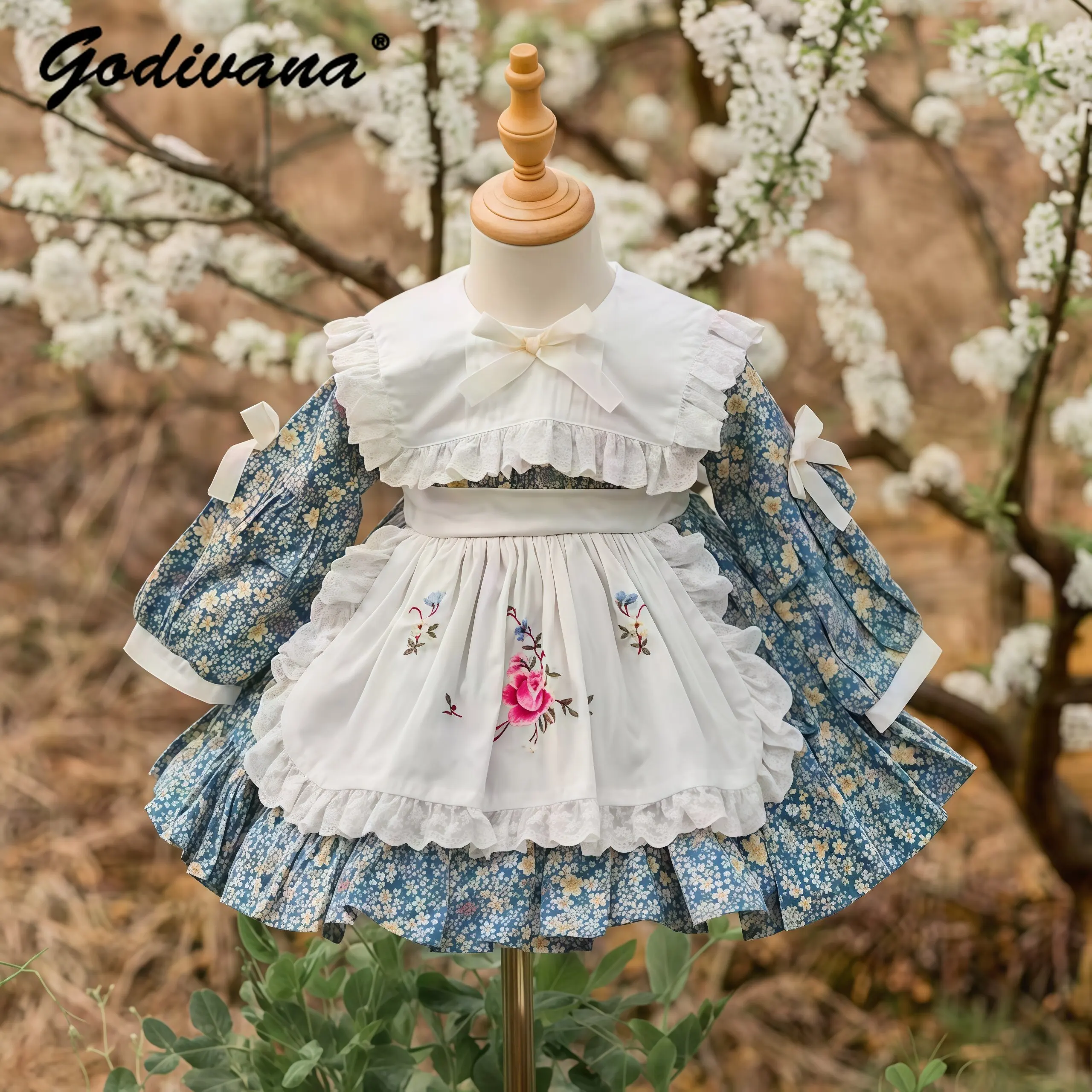 

Cute and Sweet Baby Girls Lolita Princess Dress Kids Floral Print Spring 2026 New French Long Sleeve Bow Doll Collar Ball Gown