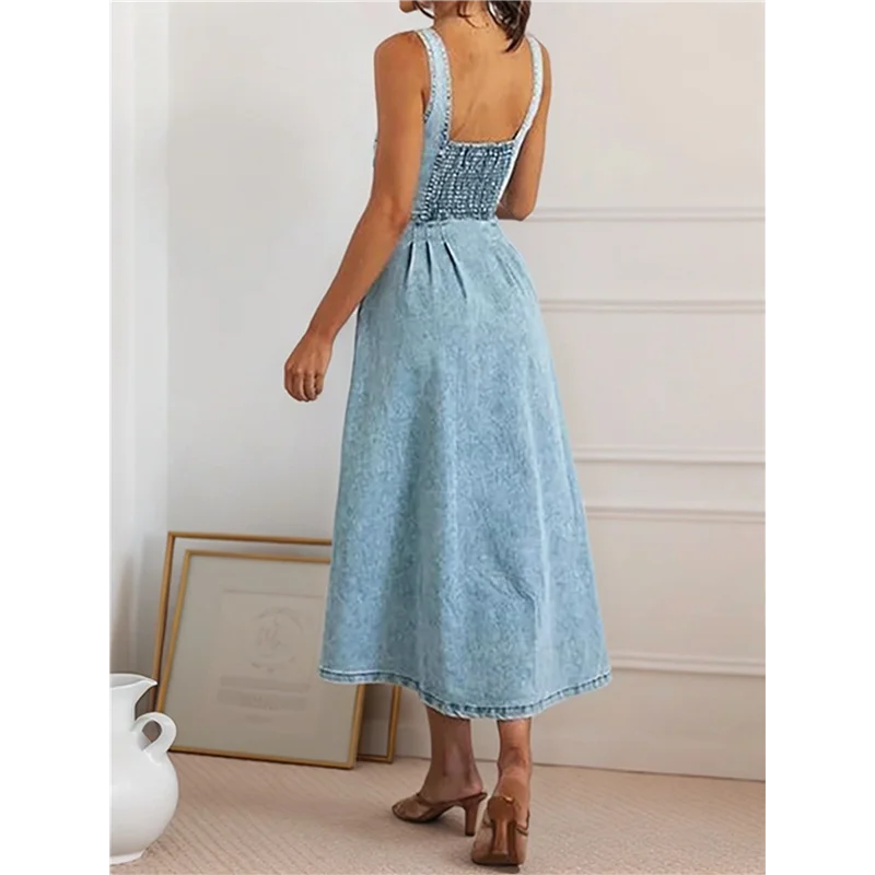 

ABRT-Женское джинсовое платье макси на бретельках, летние облегающие платья макси без рукавов с лямкой на шее