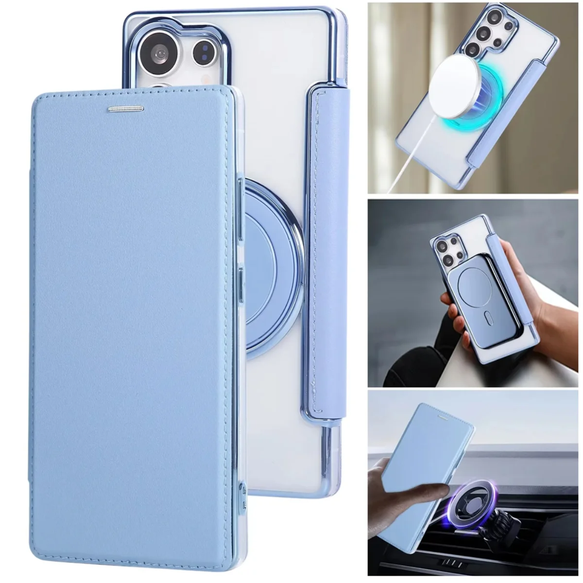 Drehbarer Ständer Magnetische Handyhülle für Samsung S26 S25 S24 S23 Ultra S22 Plus Leder Kartenfach Brieftasche Magsafe Transparente Abdeckung