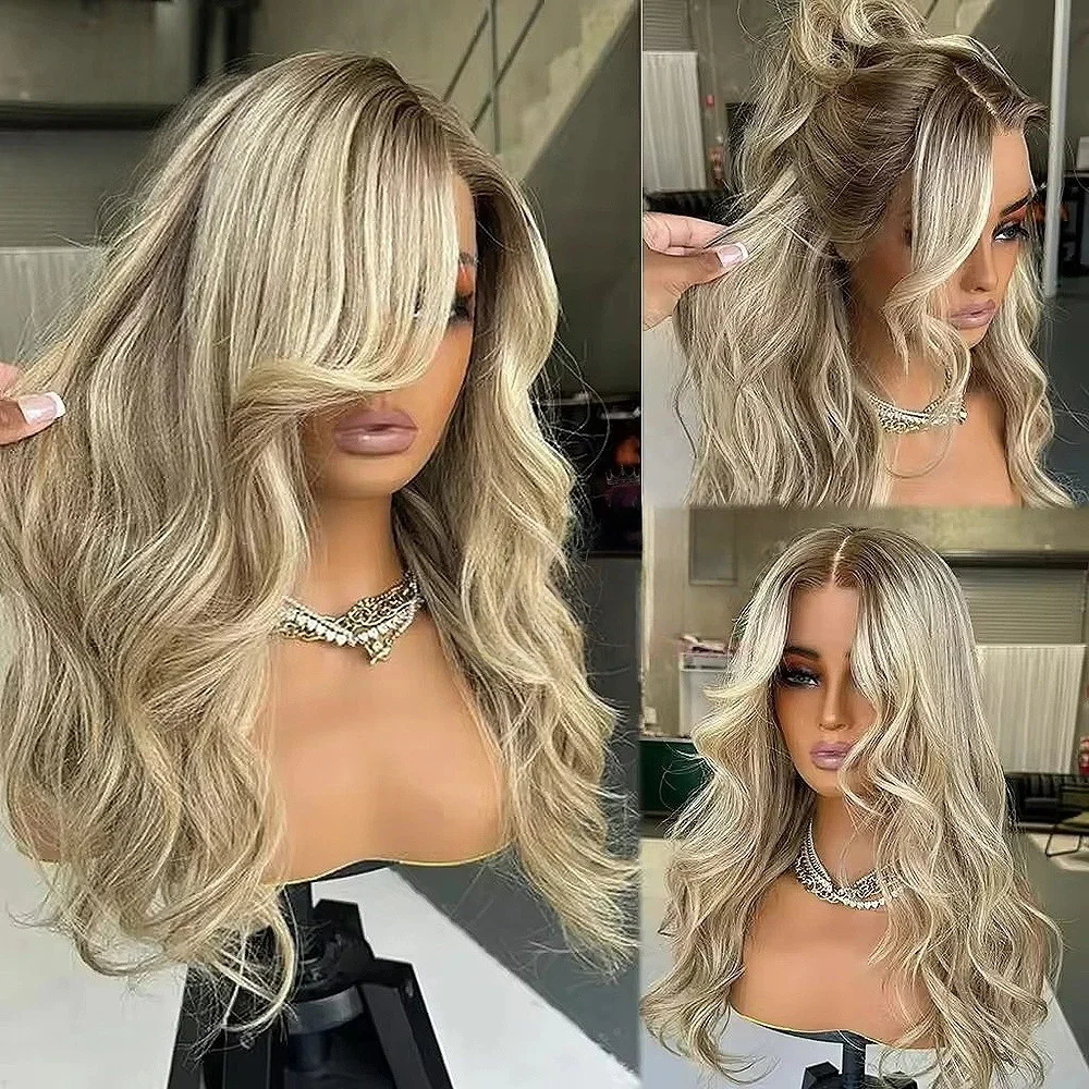 

200% Density Ombre Ash Blonde With Natural Hairline Balayage Ombre Hightlight 13x4 HD Free Part Synthetic Lace Front Wig Cosplay