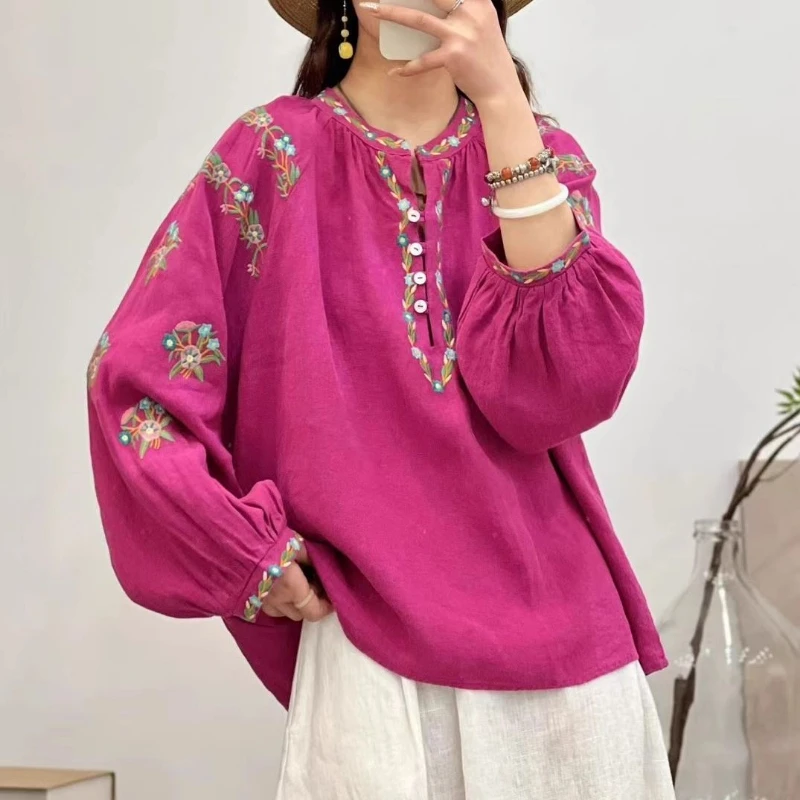 Spring Autumn New Fashion Half Open Collar Long Sleeve Embroidered Blouses Women\'s Clothing Sweet Youth All-match Korean Shirts