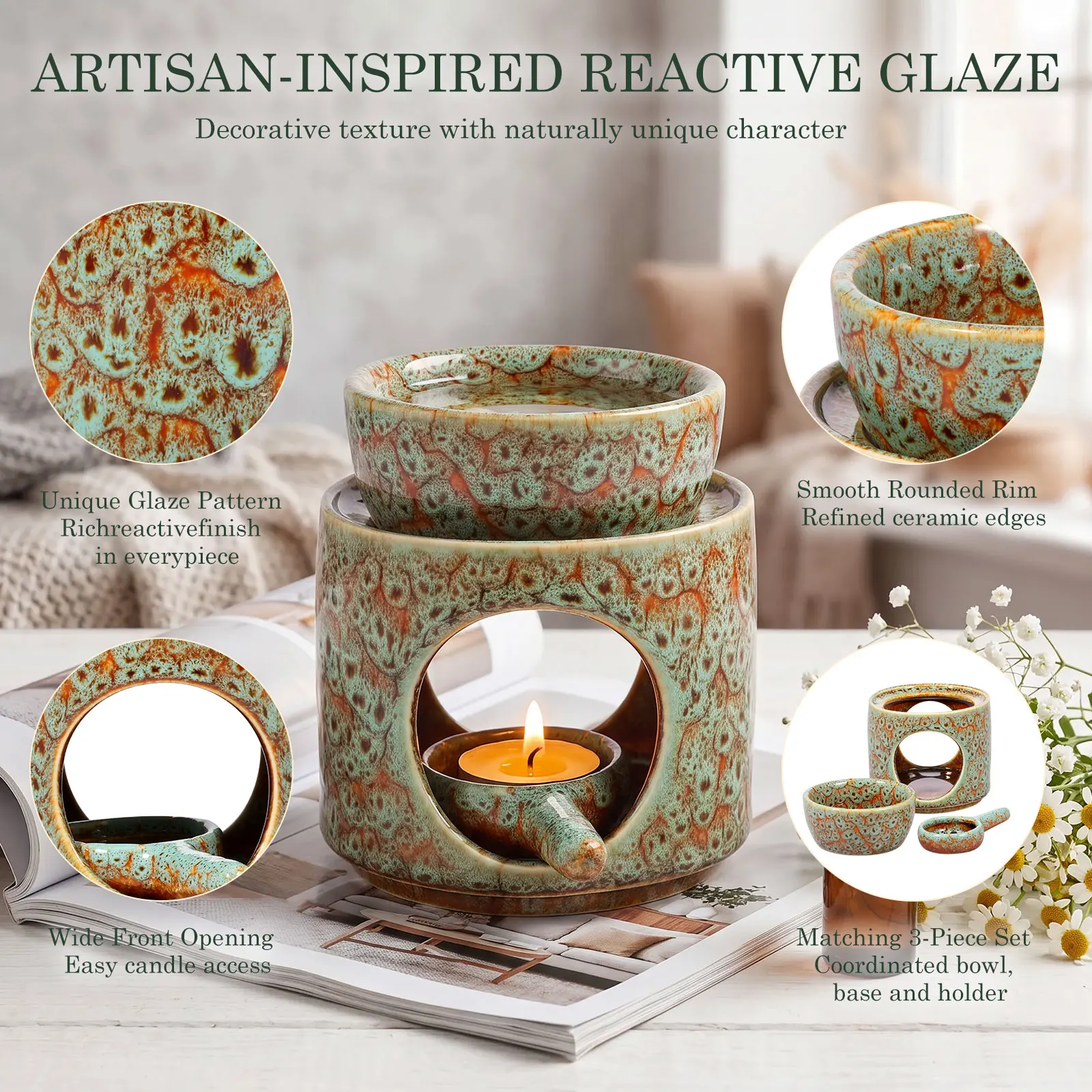 Ceramic Oil Burner Split Essential Oil Burner Wax Melting Burners with Removable Bowl Tea Light Wax Warmer for Home and Tea Room