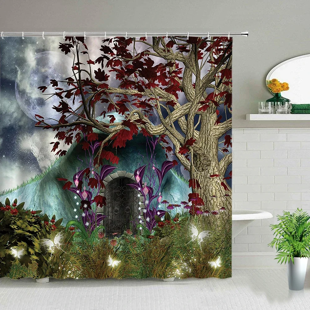 Magic Tree Design Shower Curtain Fairy Forest Waterproof Curtains Dream Mushroom Butterfly Elf Cartoon Fantasy Bathroom Decor