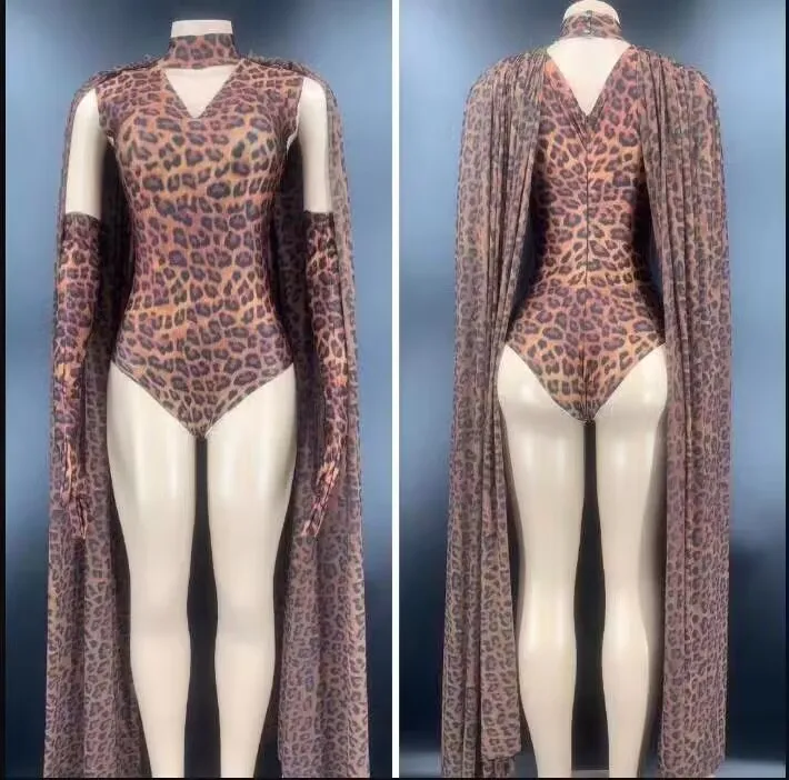 Mode Leopard Body Handschuhe Schal Gedruckt Geburtstag CLUB Feiern Sänger Tänzer Trikot Leistung Bühne Drag Queen Outfits