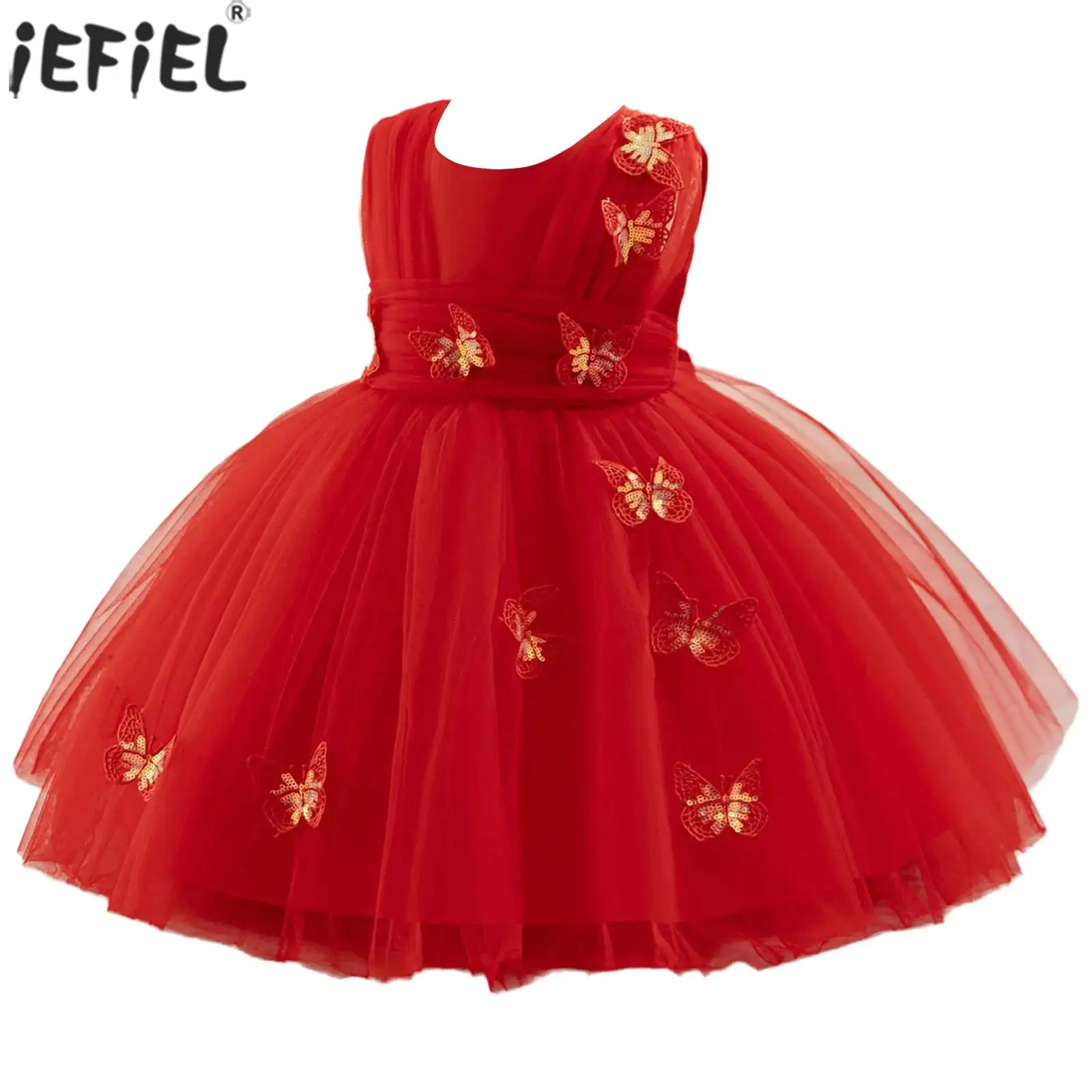 

Платье-бабочка с цветочным узором для маленьких девочек, тюлевые платья без рукавов с рюшами и поясом, торжественное платье для банкета, свадьбы, дня рождения