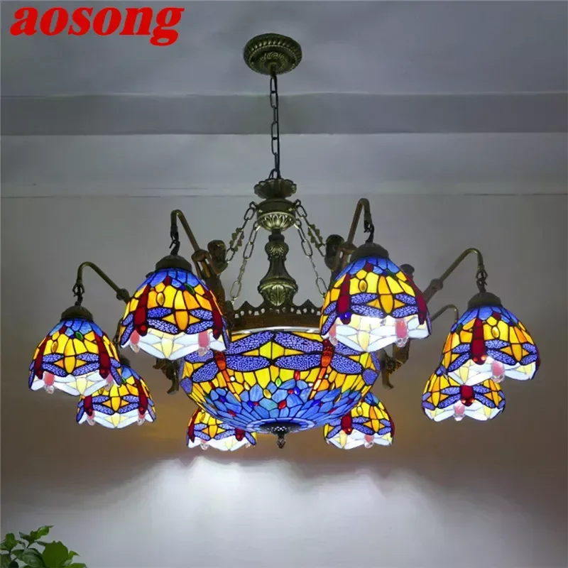 

AOSONG Tiffany Европейская подвесная лампа для гостиной, винтажная креативная цветная стеклянная люстра для ресторана, спальни, отеля, виллы, Specifica