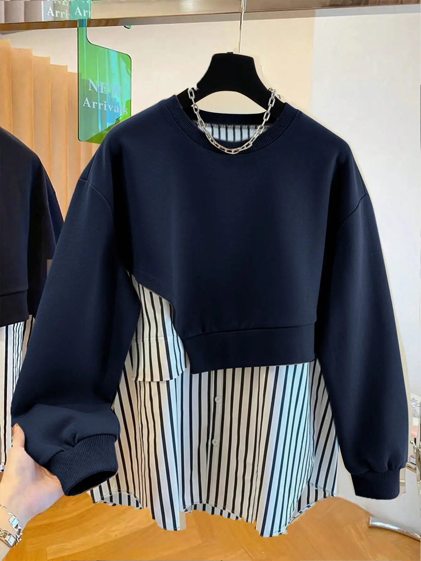 Sudadera informal con cuello redondo y retales a rayas para mujer, Top de manga larga holgado de otoño