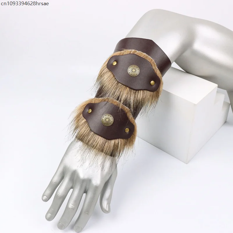 1Pcs Medieval Viking Knight Fur Wristband PU Leather Fur Trim Arm Armor Gauntlet Lace-Up Bracers Renaissance Cosplay Props