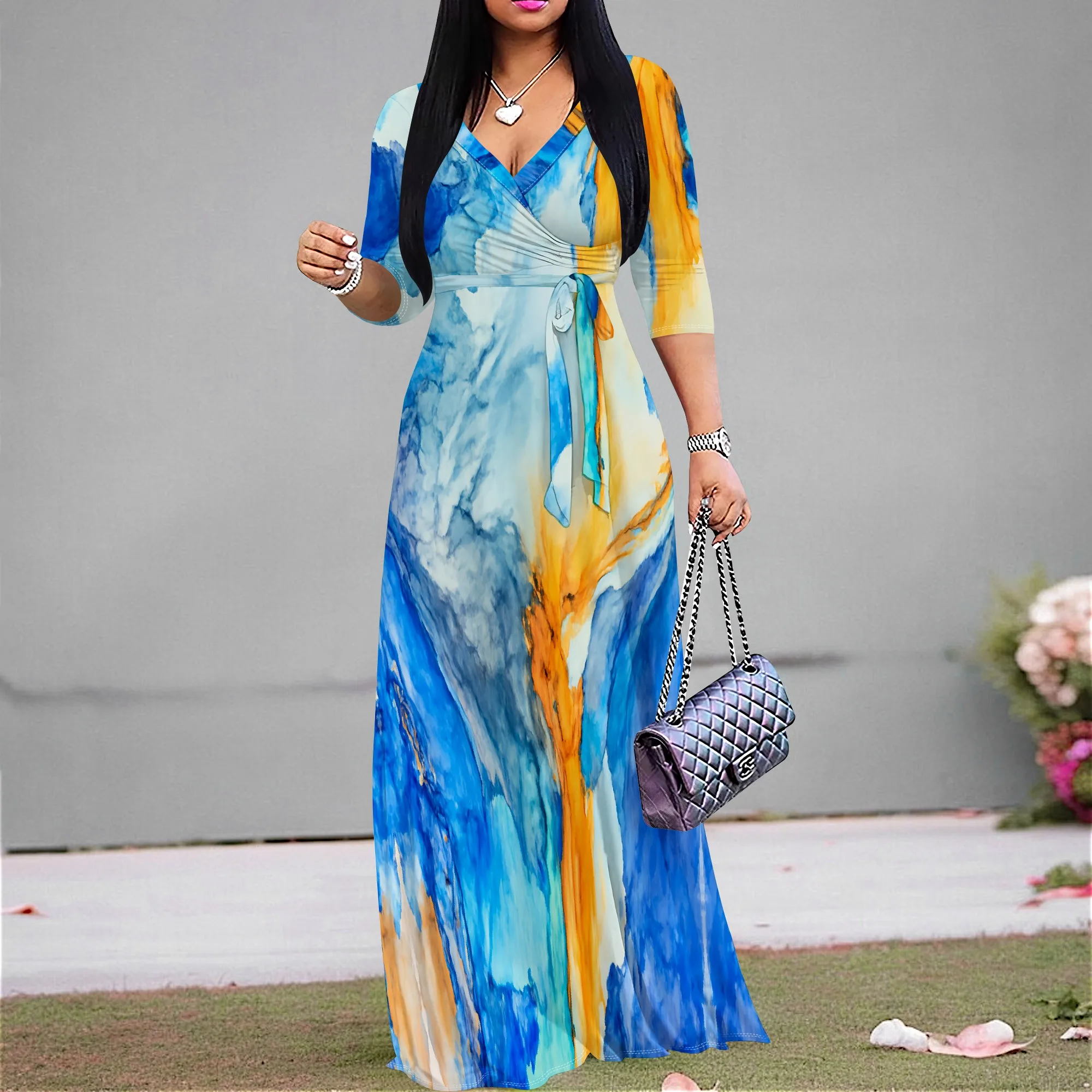 

Watercolor Abstract Print Maxi Dress S-3XL V-Neck Belted Style for Spring Picnic, Garden Party or Beach Vacation Look