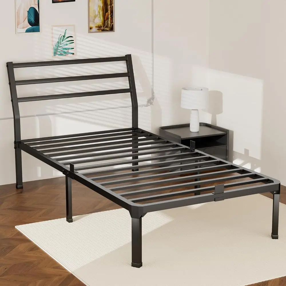 Base de Cama Metálica Tamaño Twin con Plataforma Negra Reforzada de 14 Pulgadas, Soporte de Láminas de Acero, Topes para Colchón, Capacidad de 3500 lbs, Compatible con Colchones en Caja
