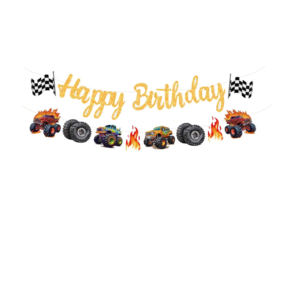 Monster Truck Party Dekorationsbanner Monster Truck Happy Birthday Girlande Banner Hängedekoration Jungen Rennwagen Party Dekoration – Detail 5