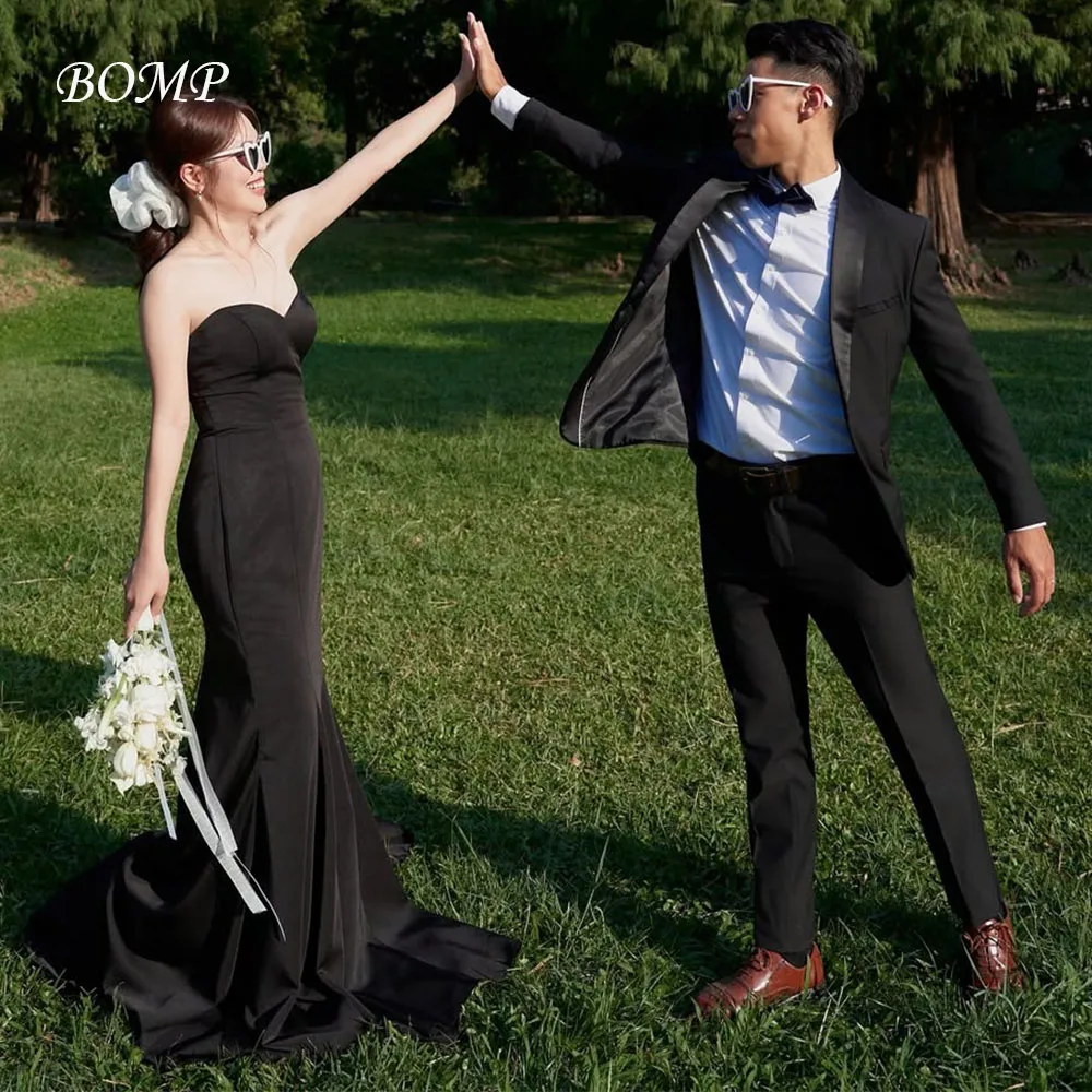 BOMP فساتين حفلات الزفاف الساتان المطاطي الأسود الأنيق فساتين السهرة على شكل قلب كوريا تبادل لاطلاق النار فستان الزفاف حسب الطلب