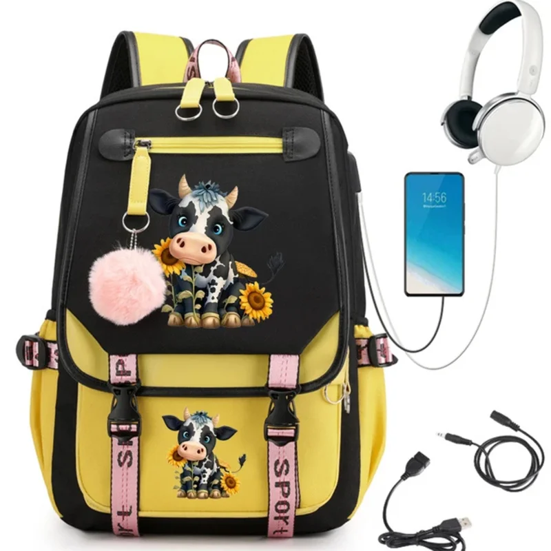 Mochila escolar de Anime de vaca girasol para niñas, Mochila de estudiante de secundaria, bolsa de dibujos animados, Mochila de carga Usb