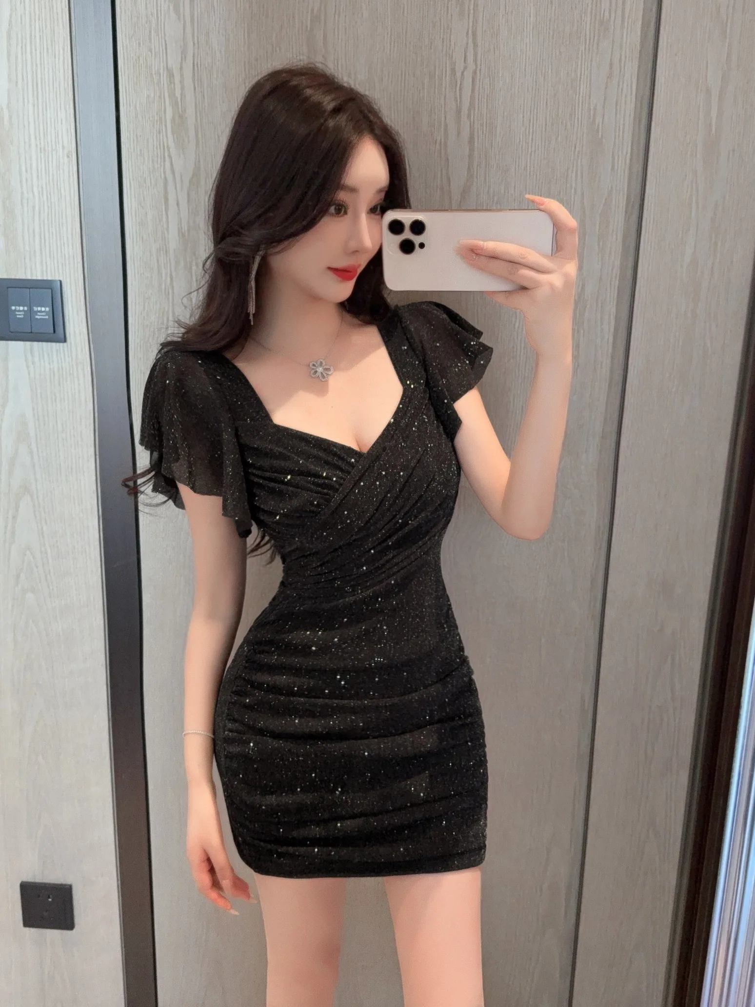 Sexy Short Flashing Fabric Wrap around Bodycon Dress with Pleated Sleeves for Night Club And Office Wear High Waist Slim Fit