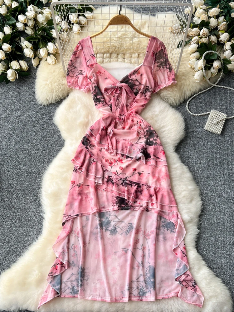 

Foamlina Women Summer Fashion Floral Print Dress Sexy V Neck Short Sleeve Slim Irregular Ruffles Back Long Mesh Party Club Dress