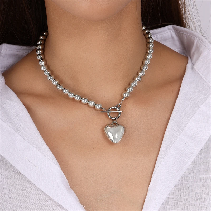 Punk artesanal ccb contas colar para mulheres metal grande amor coração pingente colar meninas festa férias jóias decoração