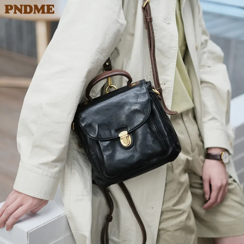 PNDME fashion casual luxury genuine leather women\'s small black backpack weekend outdoor designer real cowhide mini school bag