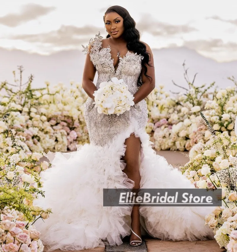 

Luxury African Wedding Dresses Sheer Neck Crystal Beading Mermaid Bridal Gowns Ruffles Train Plus Size robe mariee Customized