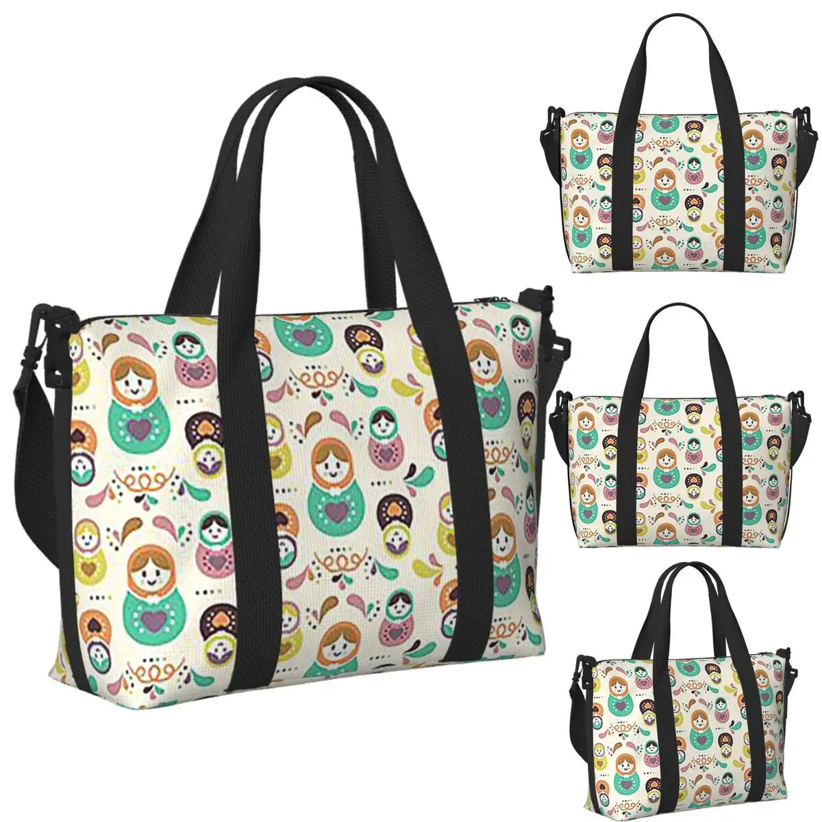 

Custom Matryoshka Pattern Beach Travel Bag Large Capacity Tote Bags for Gym Sport Women Shopping Duffle Shoulder Bag