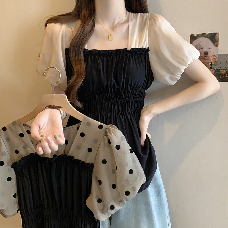 

plus Size Bubble Sleeve Shirt Women's Design Sensation Summer Meat Conceal Slimming Short Sleeve Top Fashionable Fit Style