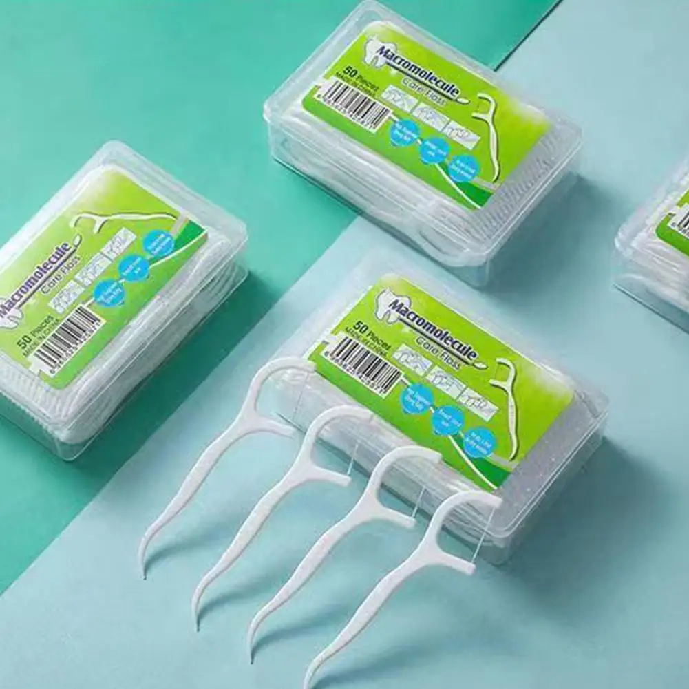 50 Dental Floss in A Disposable Box Household Plastic Bow Shaped Independent Dental Floss Household Oral Care Products