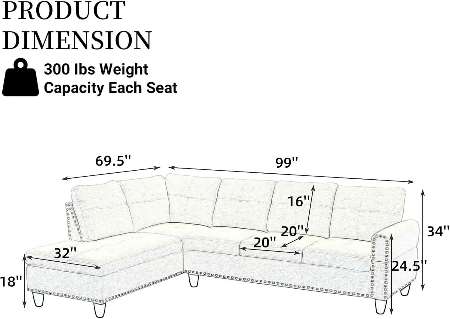 Fabric Sectional Sofa Couch Set for Living Room Set, L-Shape Sofa Sectional Couch with Storage Ottoman&Cup Holders