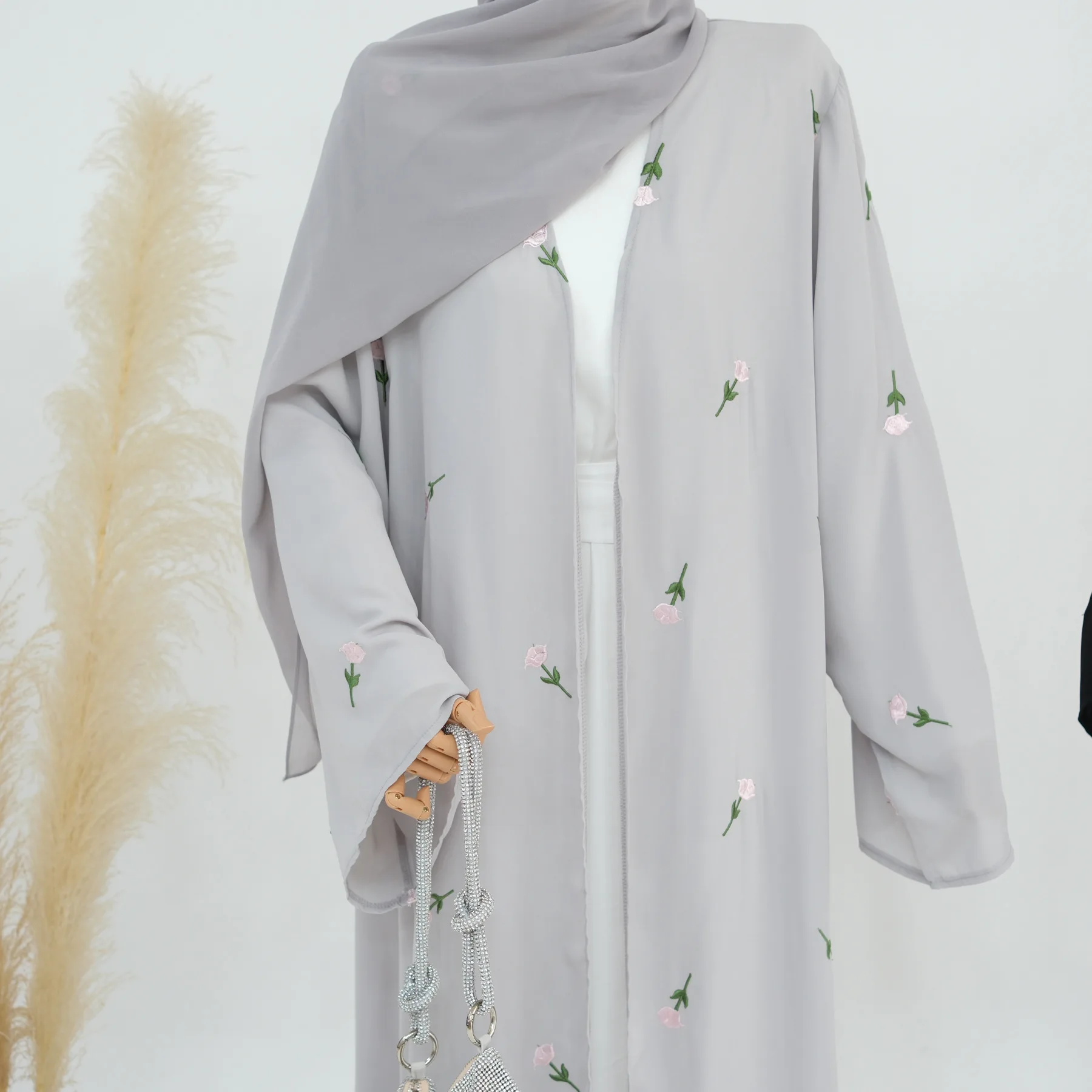 Flower Embroidery Open Kimono Abaya Muslim Women Maxi Dress Dubai Kaftan Turkey Eid Ramadan Islamic Caftan Arab Robe Saudi Gown