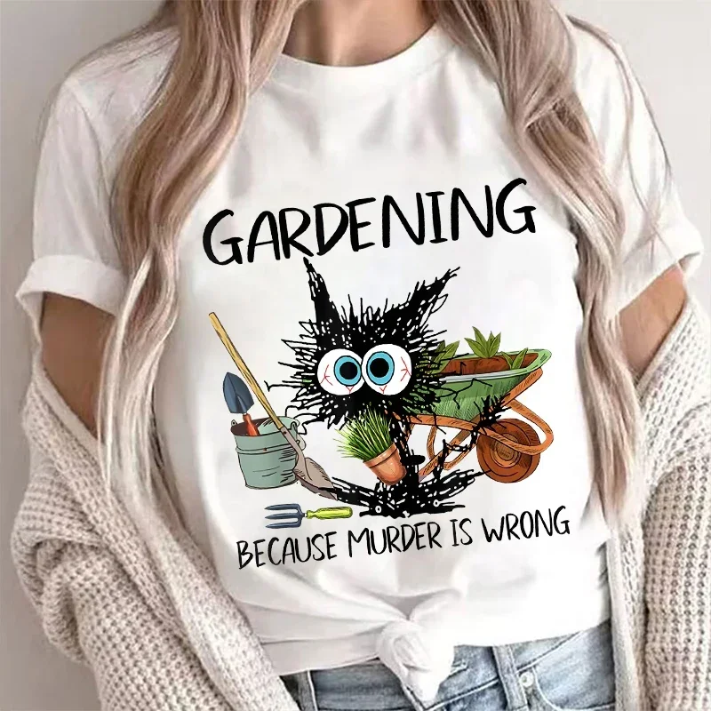 2026 Summer Women Fashion T-shirts Funny Gardening Because Murder Is Wrong Black Cat Graphic T-Shirt Ladies Tee Female Shirt Clothes