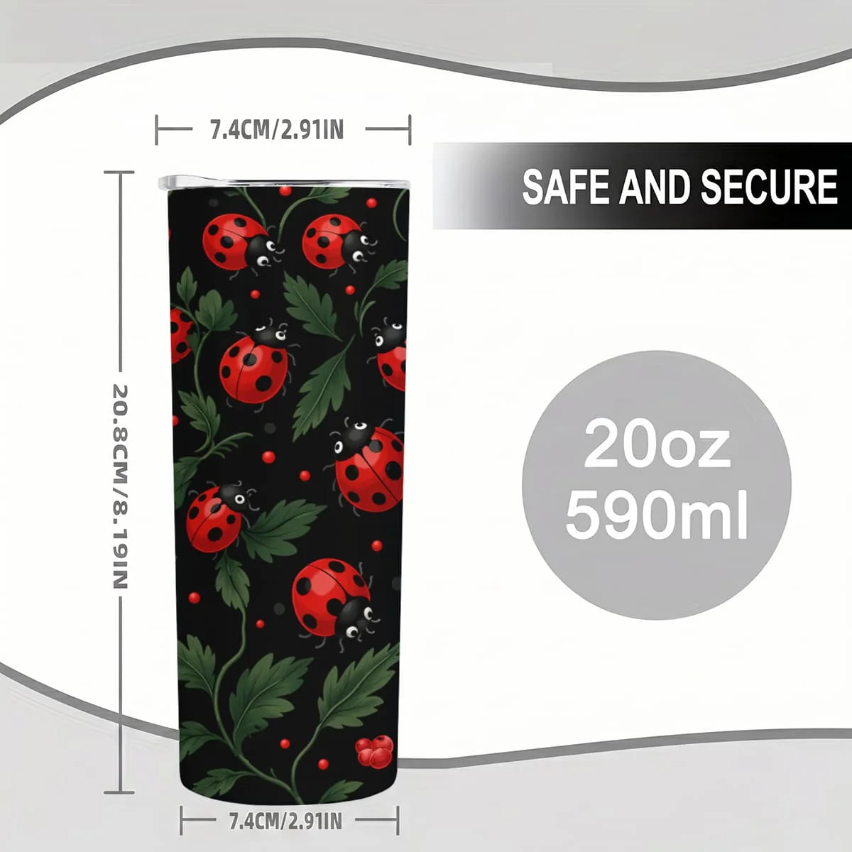 1pc 20oz Red Ladybug And Green Leaf Floral Pattern Stainless Steel Insulated Tumblers Coffee Office Travel Mug with Lid Cup Daily Use Leakproof And Bpa Free Keep Drink Hot And Cold Ideal Gift for Friends Family Colleagues on Birthday Christmas Thanks