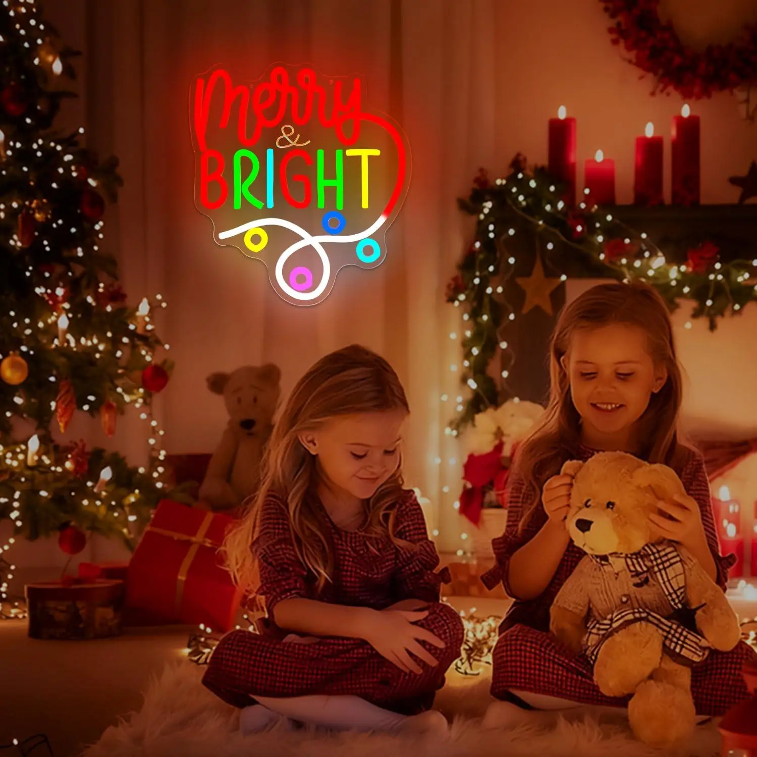 Merry And Bright Christmas Neon Sign USB Dimmable LED Neon Light for Bedroom Window Xmas Party Home Neon Wall Decoration Gifts