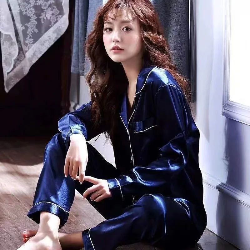 

Ice Silk Pajamas Ladie Long-sleeved Thin Korean Version of The Casual Large Size Homewear Two-piece Set Spring Summer Homewear