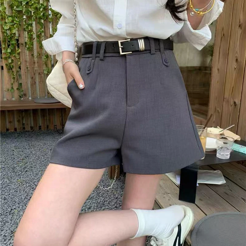 Korean Casual with Belt Suit Shorts for Women High Waist Solid Simple Wide Leg Shorts Summer Office Lady All Match A Line Short