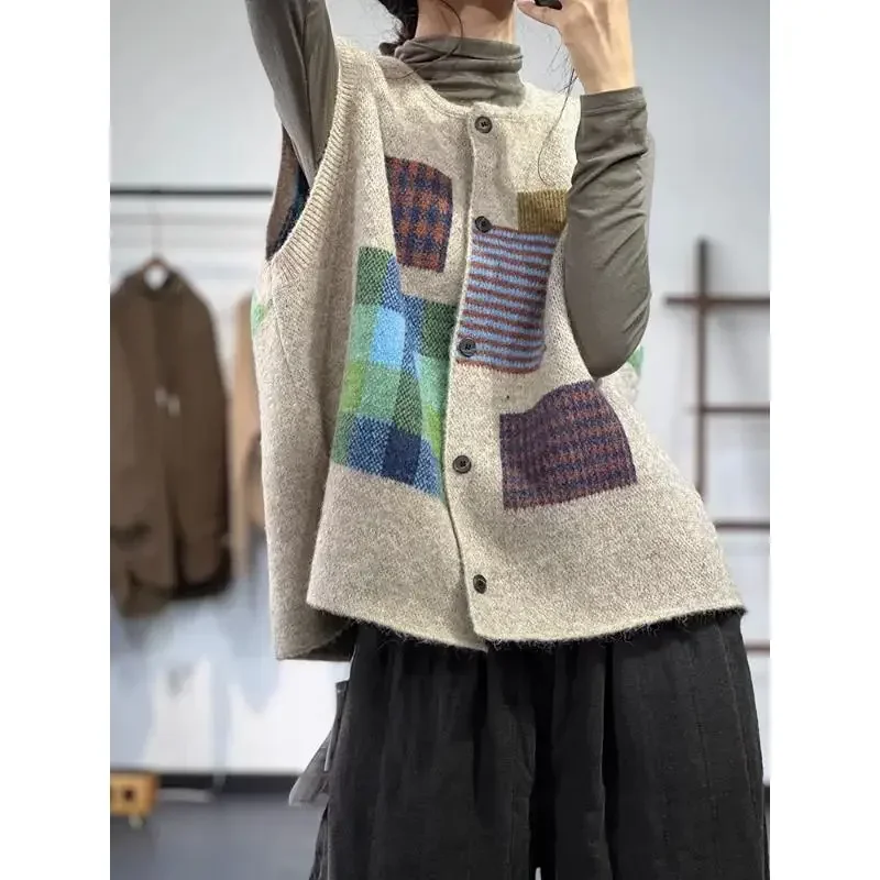 DIMANAF Plus Size Women Plaid Sleeveless Vest Sweaters Knitting Oversize Casual Loose Vintage Lady Sweater Jumpers Cardigan