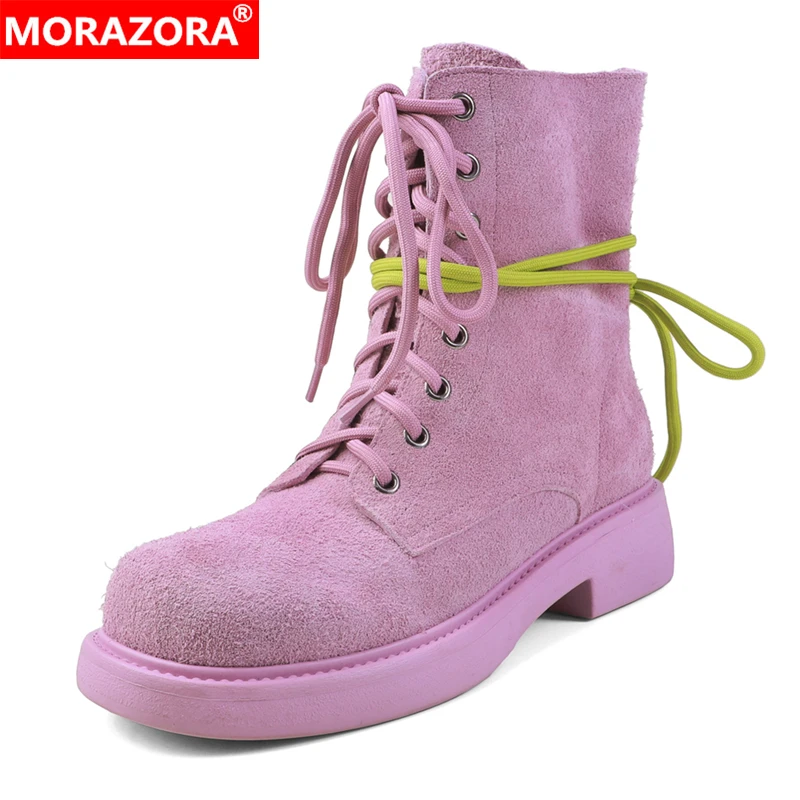

MORAZORA/Новые женские ботинки из коровьей замши размера плюс 34–43, розовые, желтые, черные осенние ботильоны на платформе со шнуровкой
