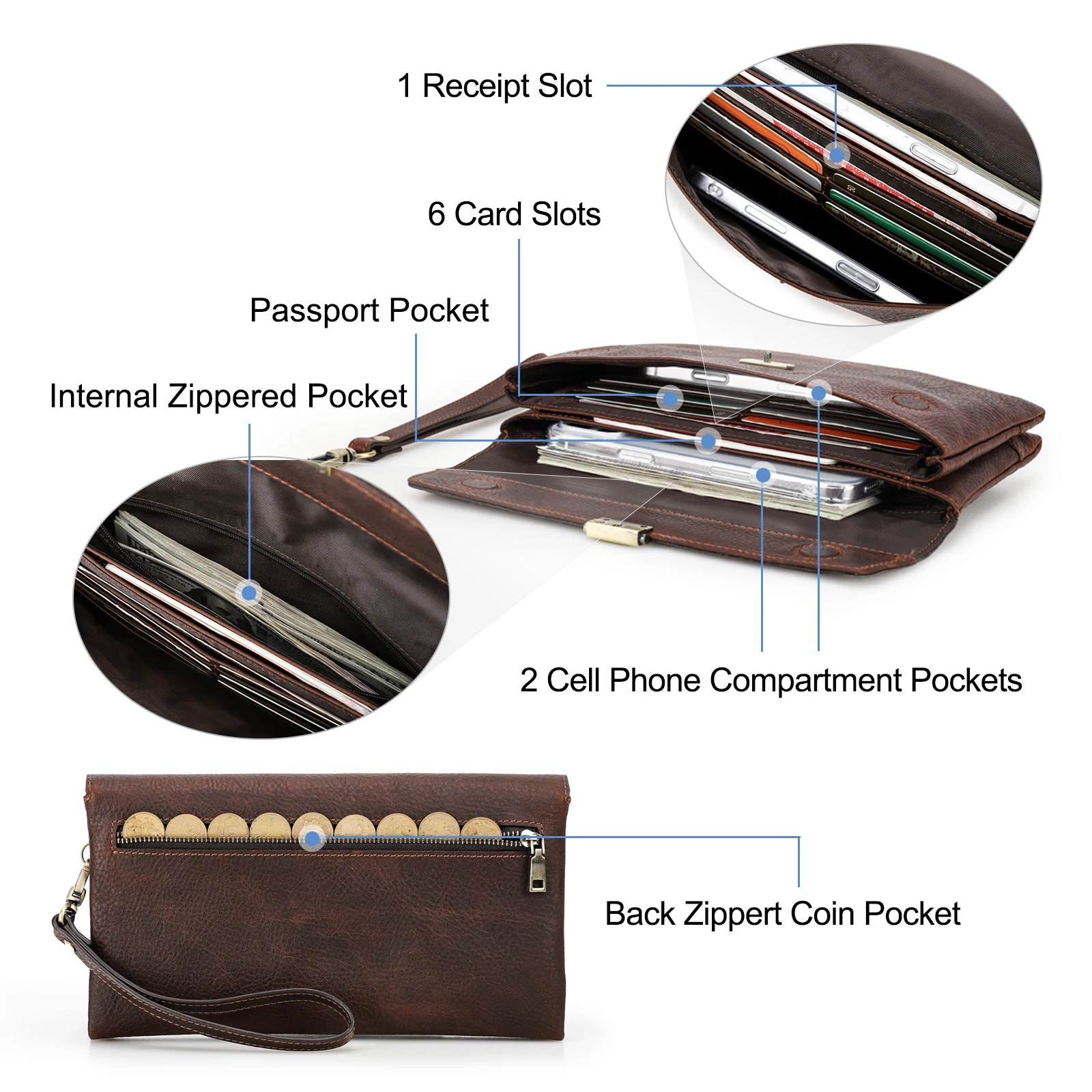 CONTACT'S Handmade Full Grain Leather Clutch Bag RFID Blocking Wristlet Wallet Large Capacity Men's Zipper Handbag Business