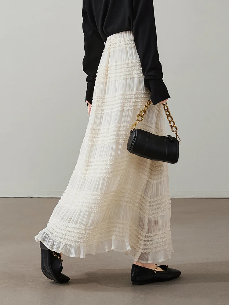 Sophisir 2025 Gonna lunga a pieghe versatile con trama in pizzo primaverile Gonna lunga a vita alta da donna in fibra di poliestere 00%