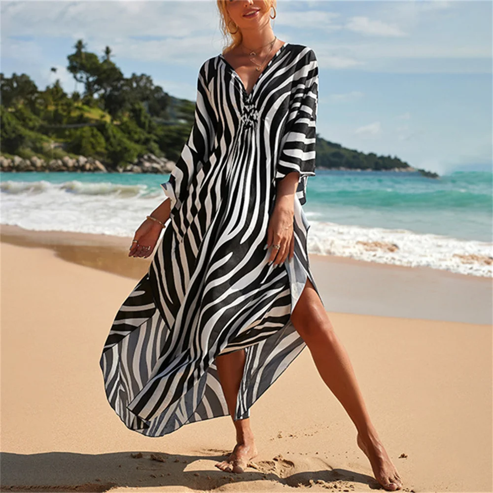 2022 New Kaftan Beach Zebra Print SnakeSkin Swimsuit Cover Up Kimono Plage Beach Robe Femme Long Dress Sarong Dress Beachwear