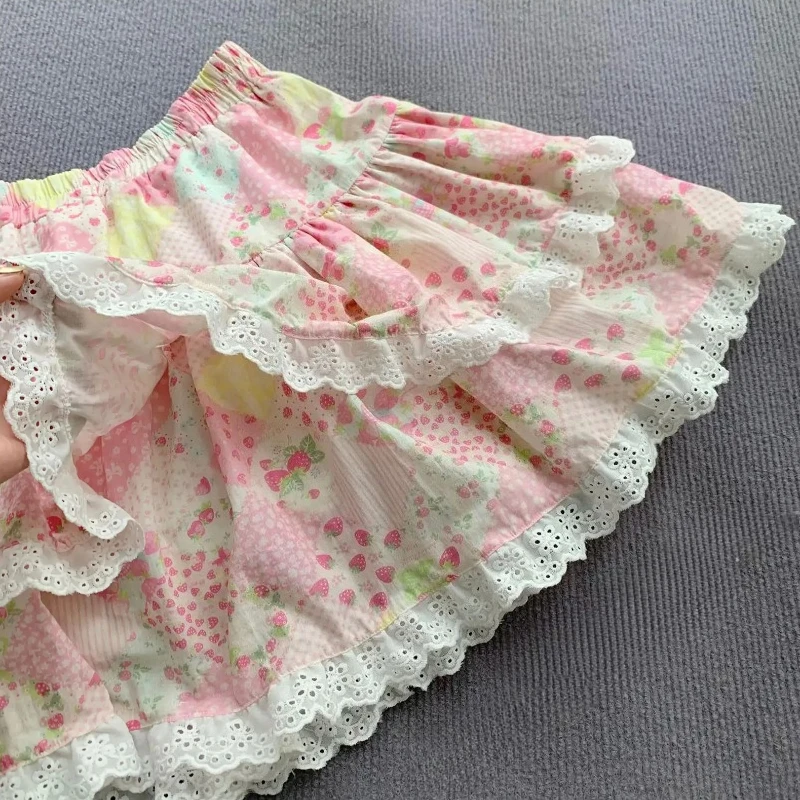 Sweet Kawaii Print Lace Tiered Skirt Women Japanese Lolita Slim Bottoms Summer Casual Cute Fashion Mini Skirt Y2k Clothing New