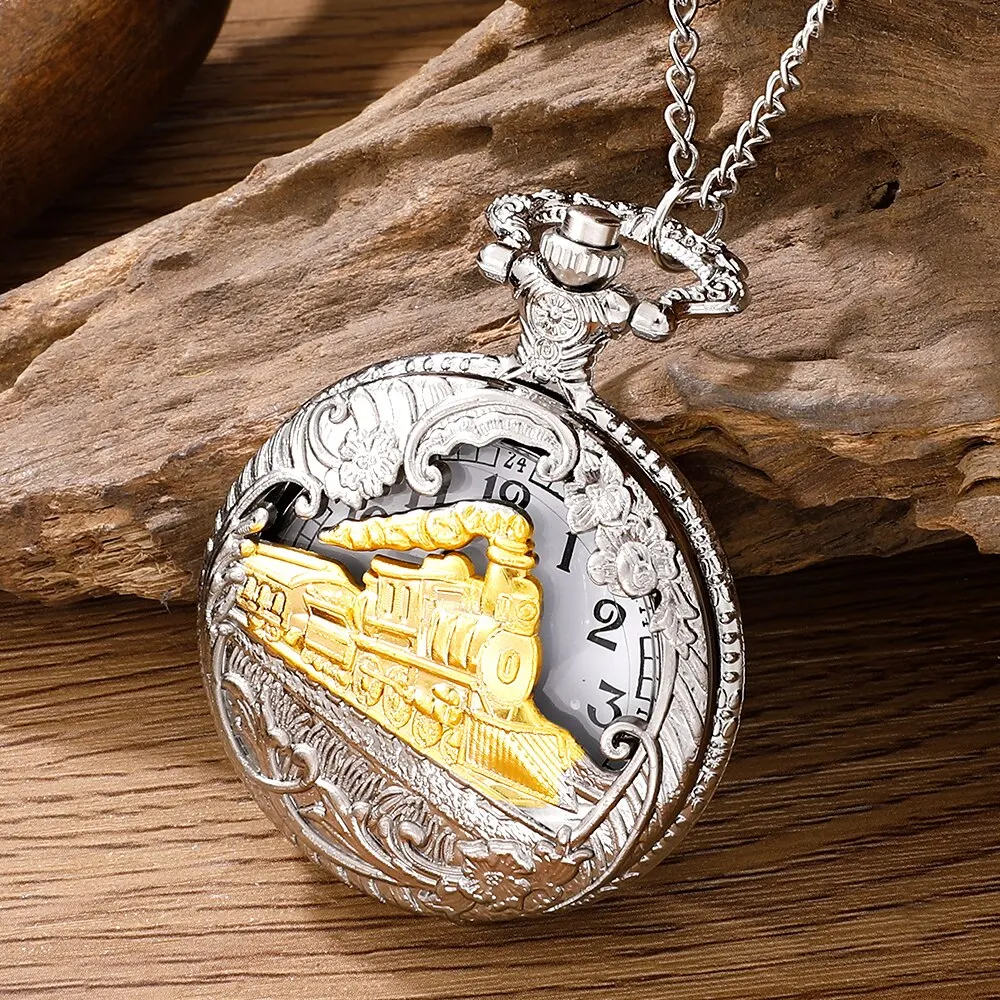 Antique Steam Train Design Pocket Watch with Chain Necklace Vintage Quartz Pendant Watches Clock Chain Mens Women