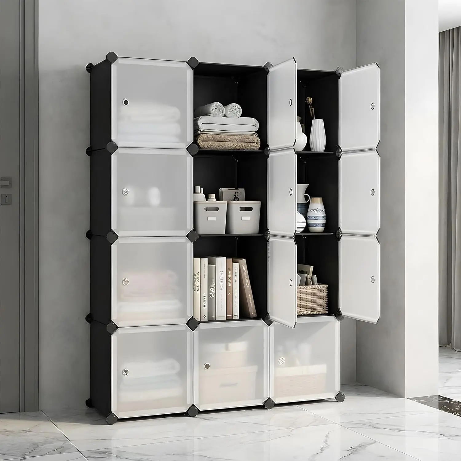 Portable Cube Storage Wardrobe Closet Armoire with Doors, Plastic Metal Combination Cabinet 12 Cube Storage Organizer